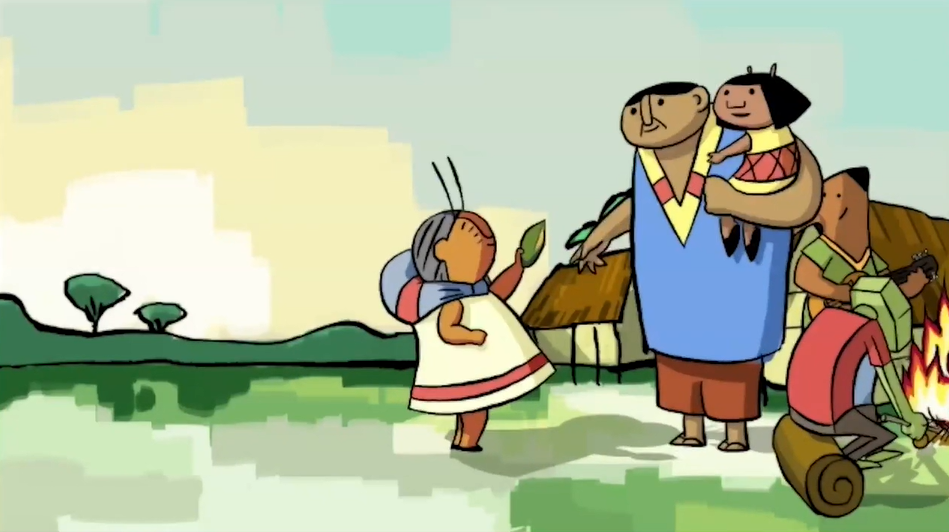 Colourful animation still.  A woman holds a green pod out to a small girl help in her father&#039;s arms. 