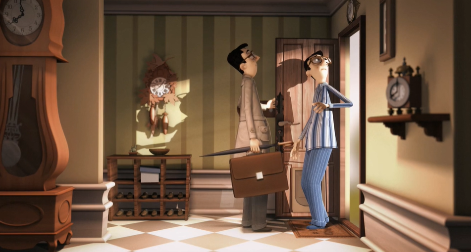 2D animation of two men wearing glasses.  They face each other in a hallway next to the front door. One is in a suit, the other in striped pyjamas.