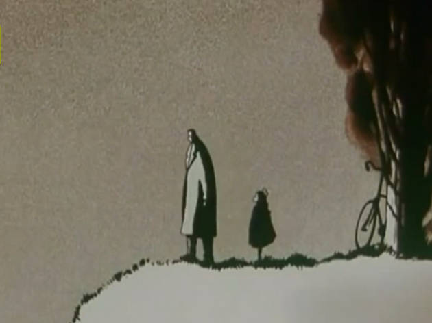 A still image from a black and white animation showing a grown man and a young girl standing on a hill.  There is a tree at the edge of the shot, with a bicycle leaning against it.